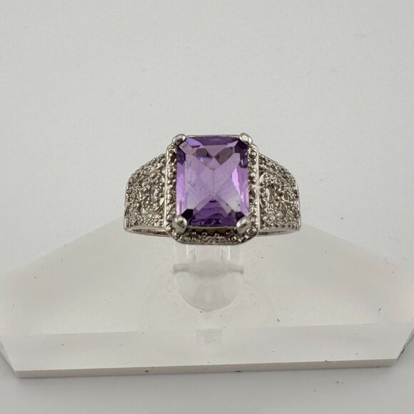 Beautiful Emerald Cut 2.25 Carat Amethyst Ring - Sterling w Diamond Accent Size - Picture 10 of 16